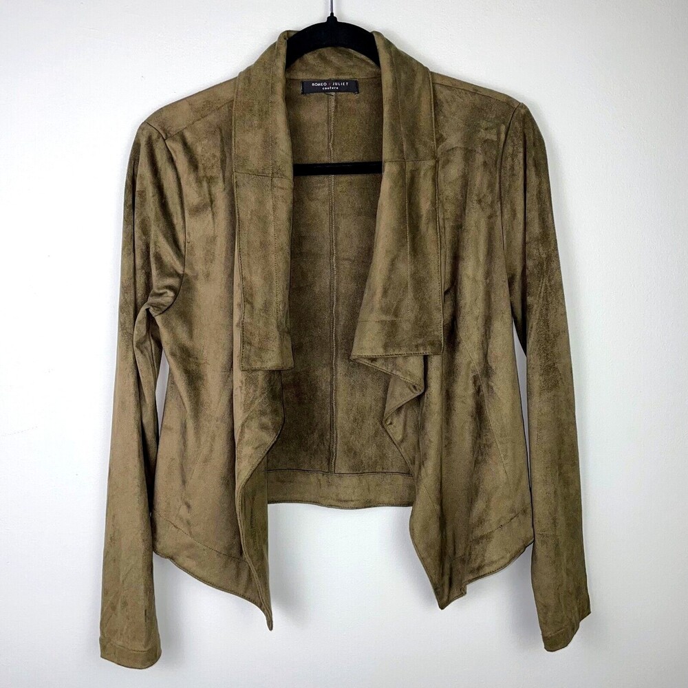 Romeo + Juliet Couture Taupe Green Drape Open Front Jacket Brushed Faux Suede M
